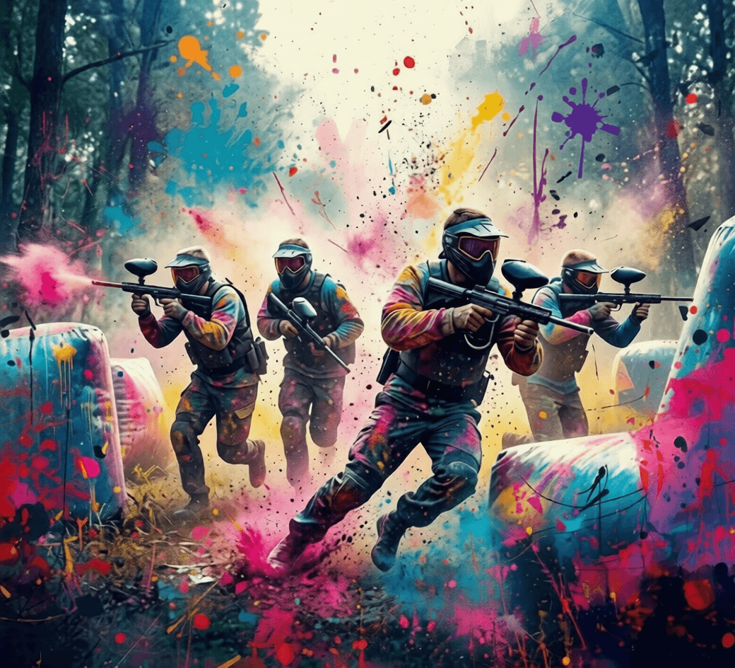 Paintball players charging across the field