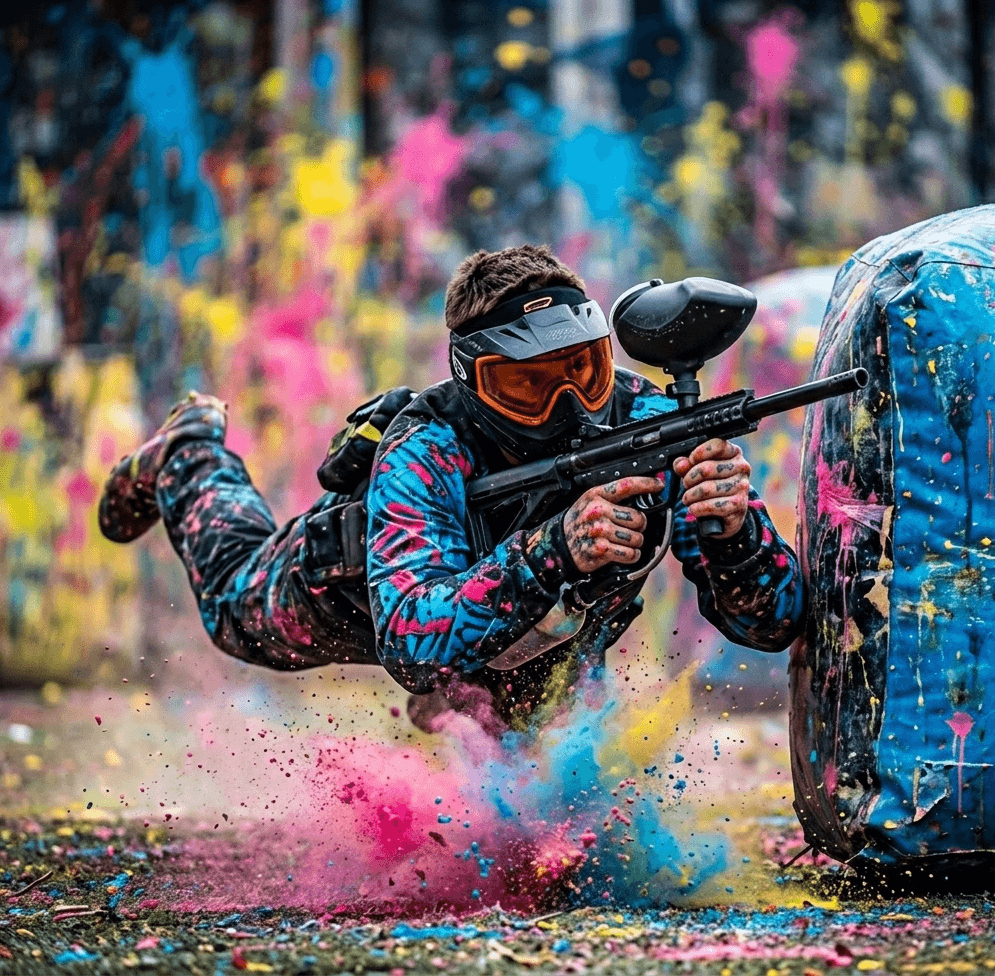 Paintball player diving around a bunker