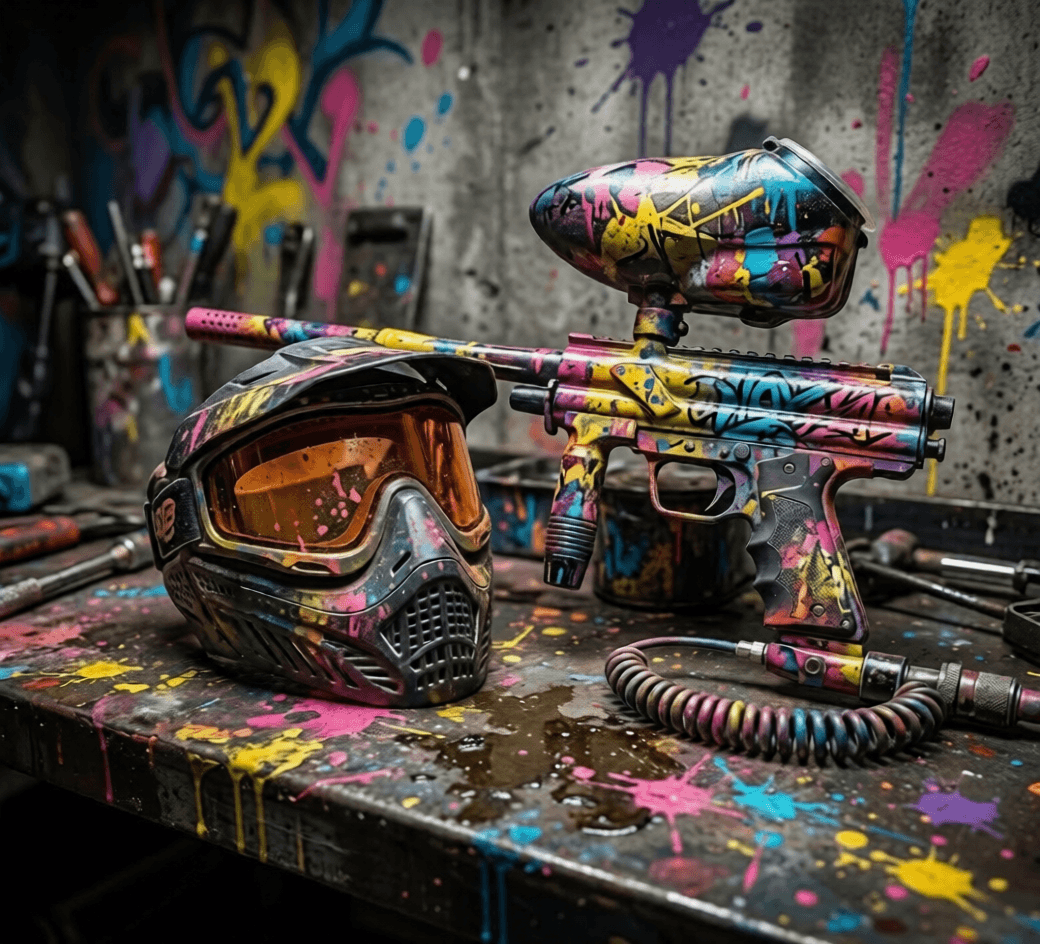 Paintball gun and mask on a paint-splattered workbench
