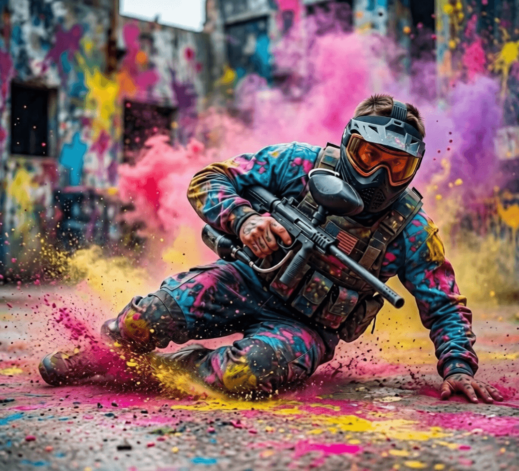 Paintball player sliding into action